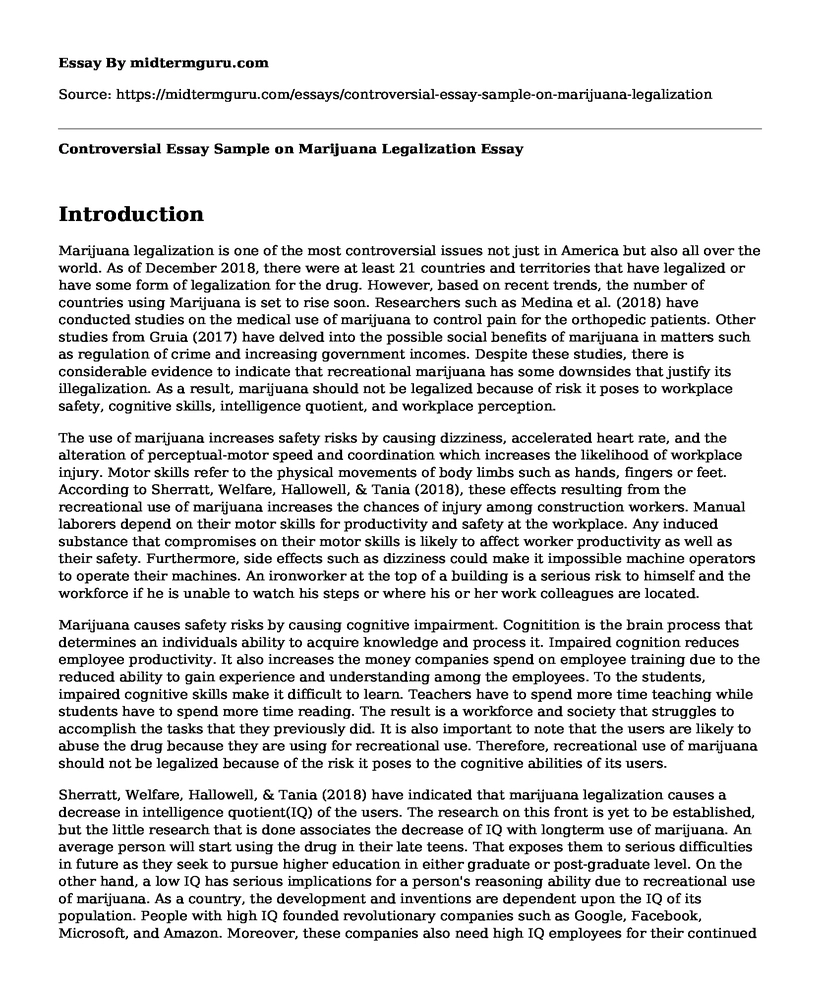 Controversial Essay Sample on Marijuana Legalization