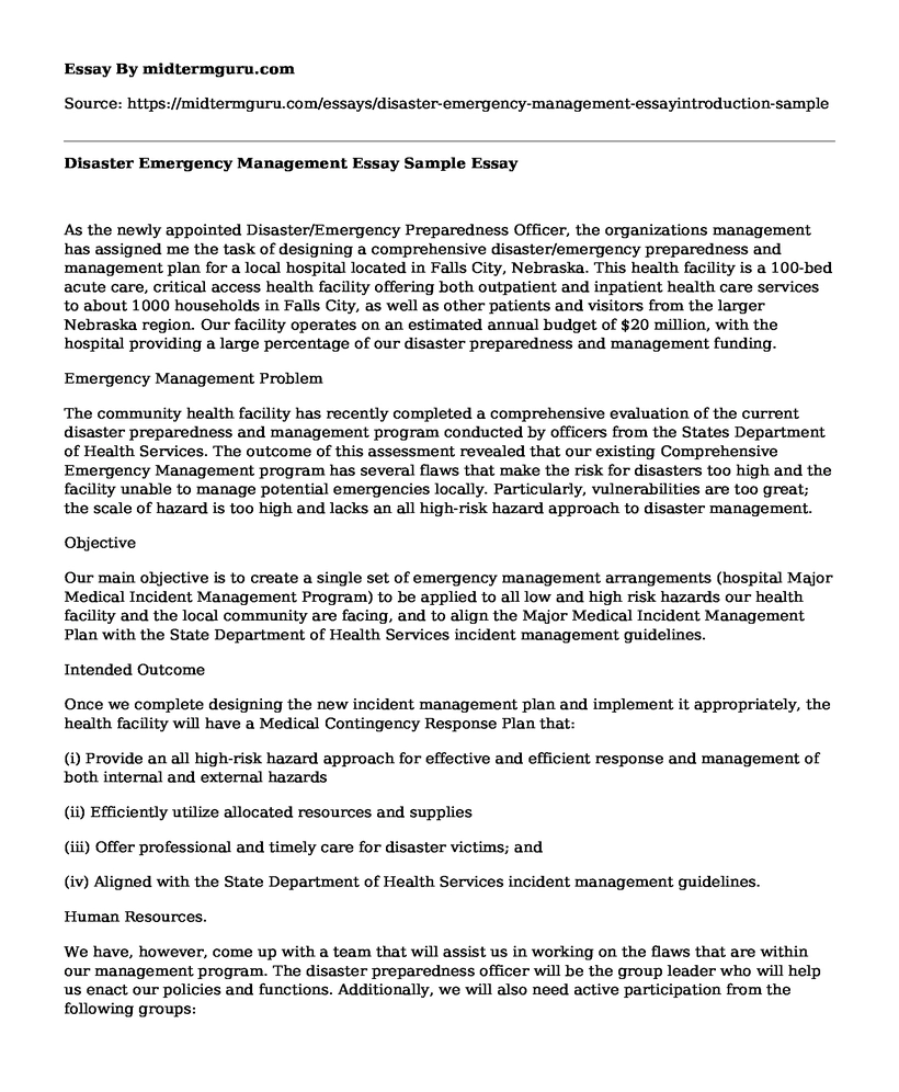 Disaster Emergency Management Essay Sample