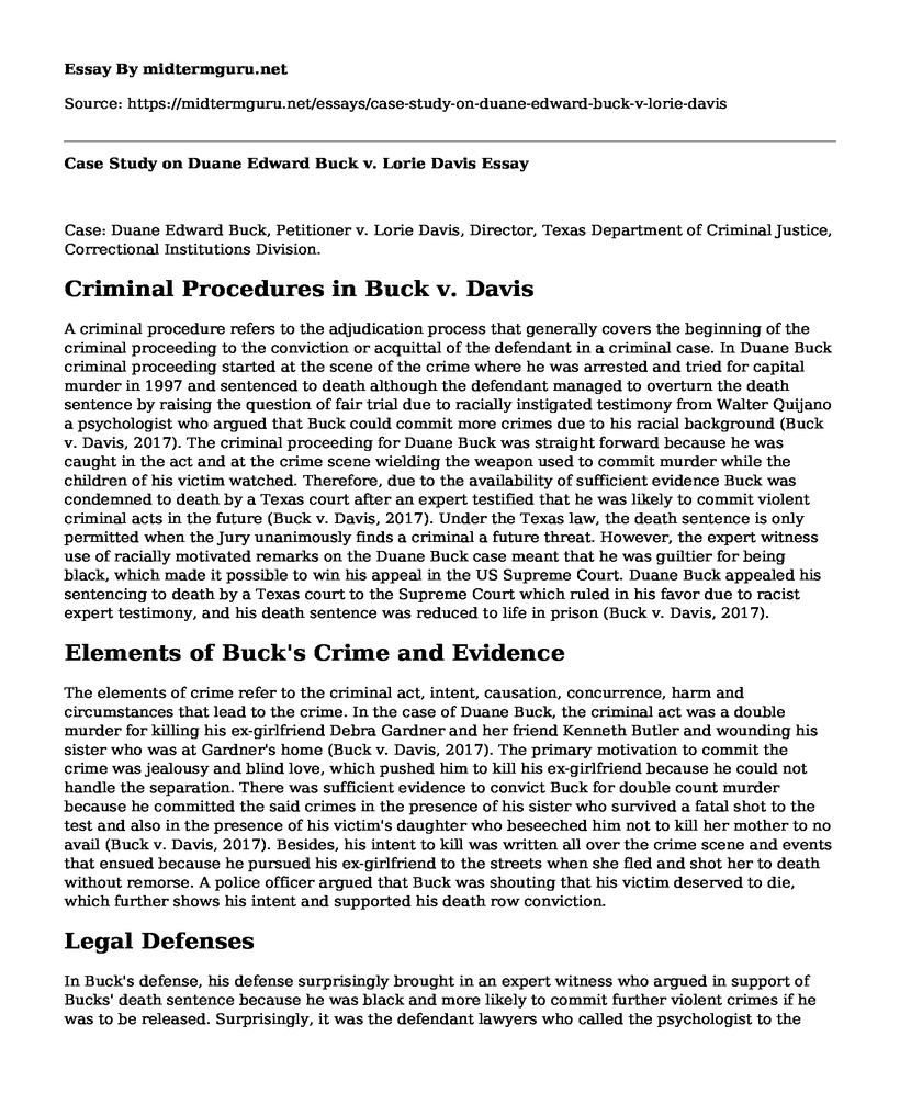 Case Study on Duane Edward Buck v. Lorie Davis