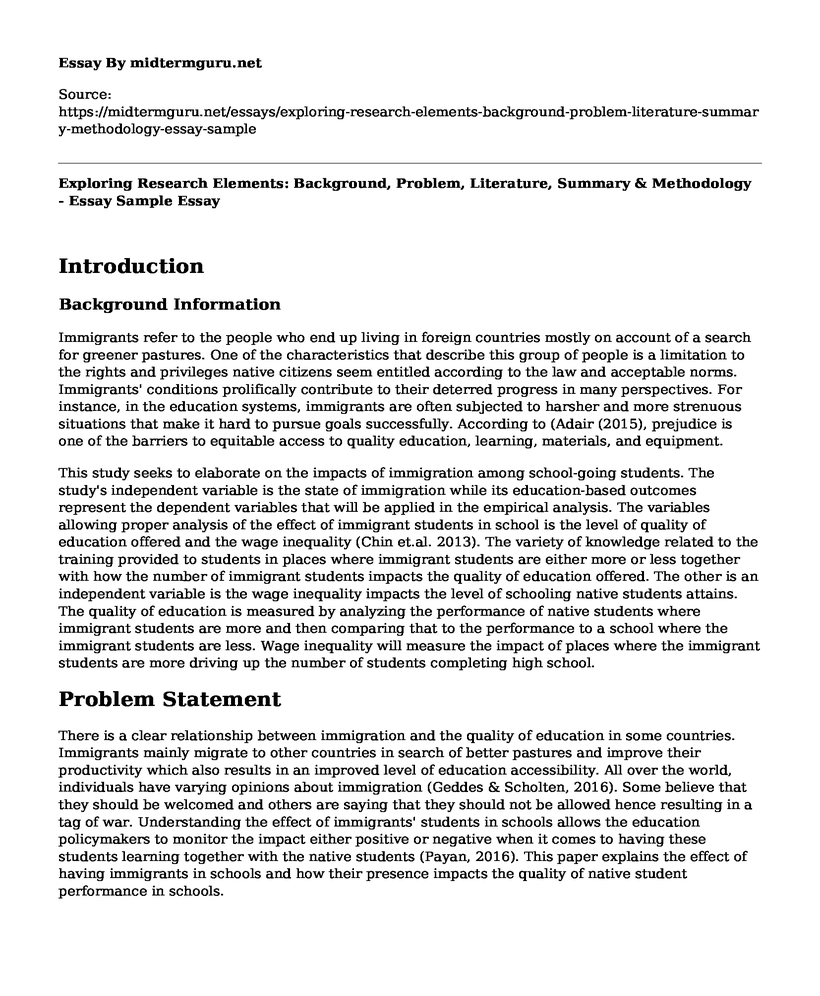 Exploring Research Elements: Background, Problem, Literature, Summary & Methodology - Essay Sample