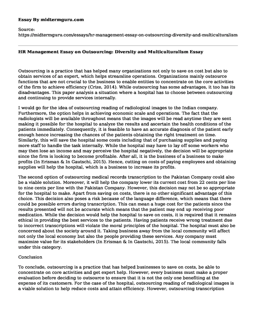 HR Management Essay on Outsourcing: Diversity and Multiculturalism