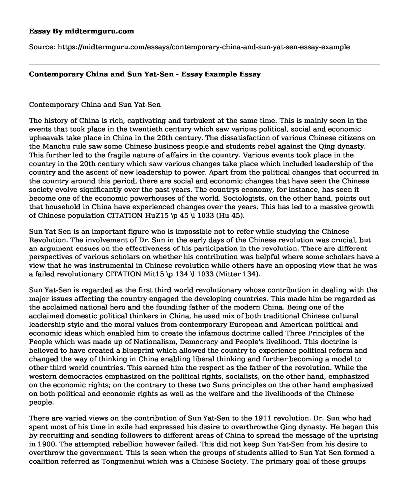 Contemporary China and Sun Yat-Sen - Essay Example
