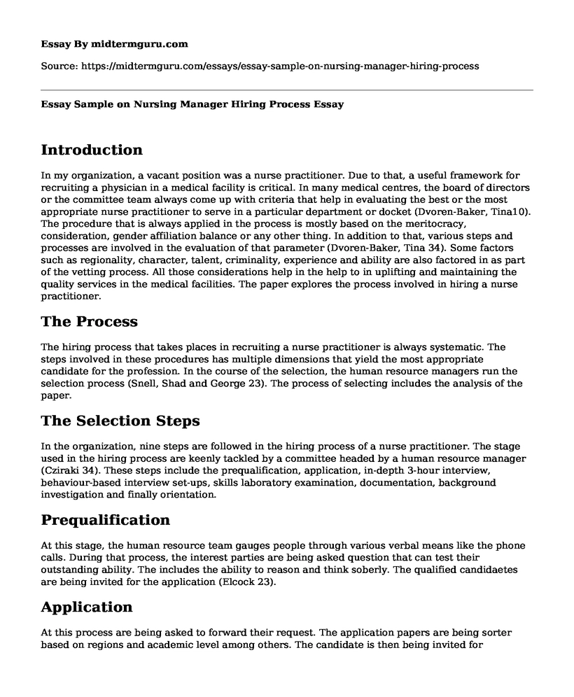 Essay Sample on Nursing Manager Hiring Process