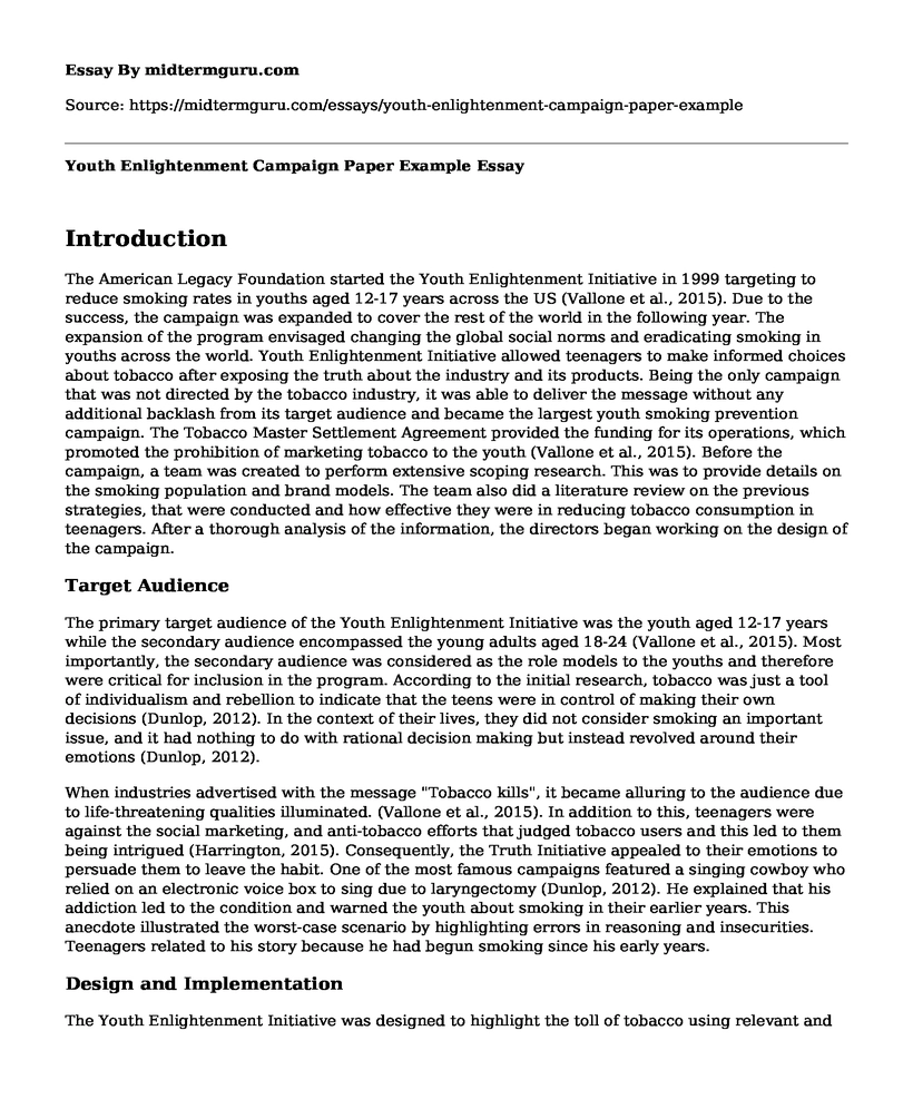 Youth Enlightenment Campaign Paper Example