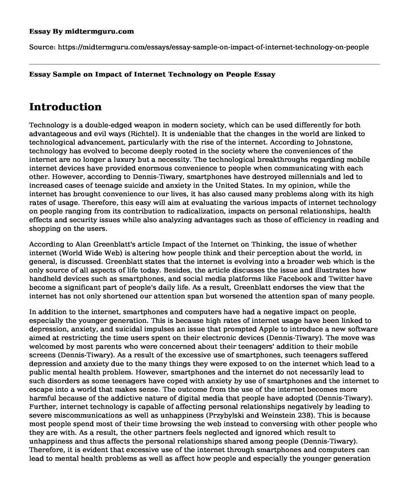Essay Sample on Impact of Internet Technology on People