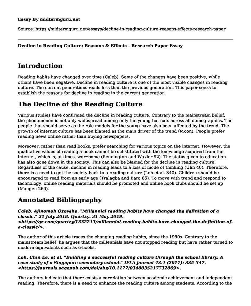 Decline in Reading Culture: Reasons & Effects - Research Paper