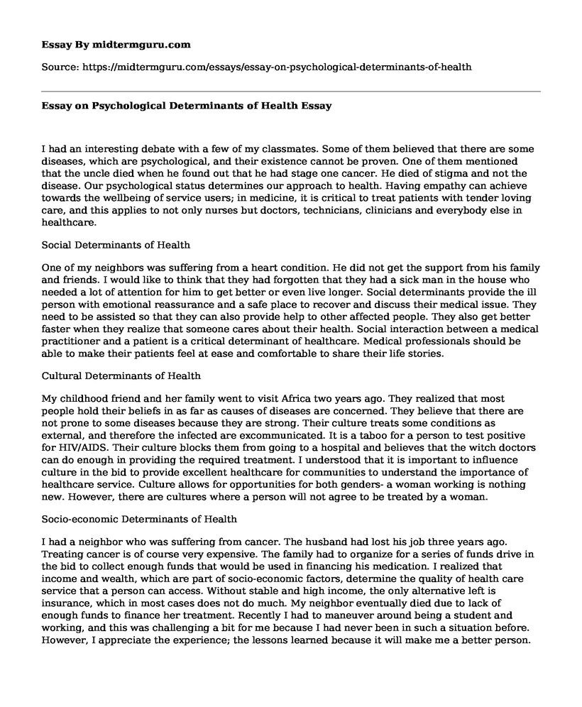 Essay on Psychological Determinants of Health