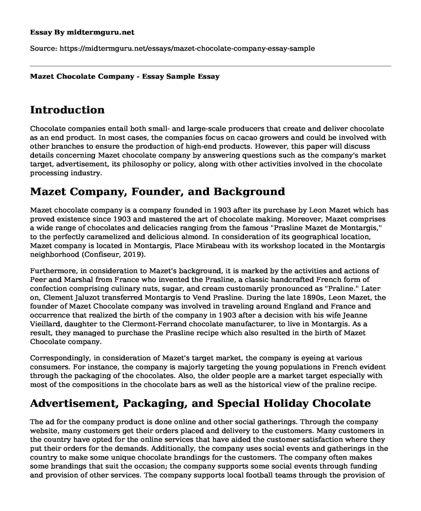 Mazet Chocolate Company - Essay Sample