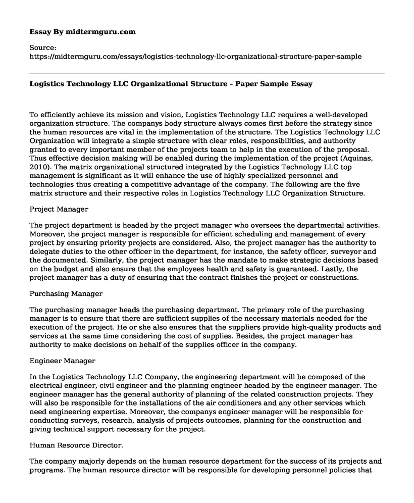 Logistics Technology LLC Organizational Structure - Paper Sample