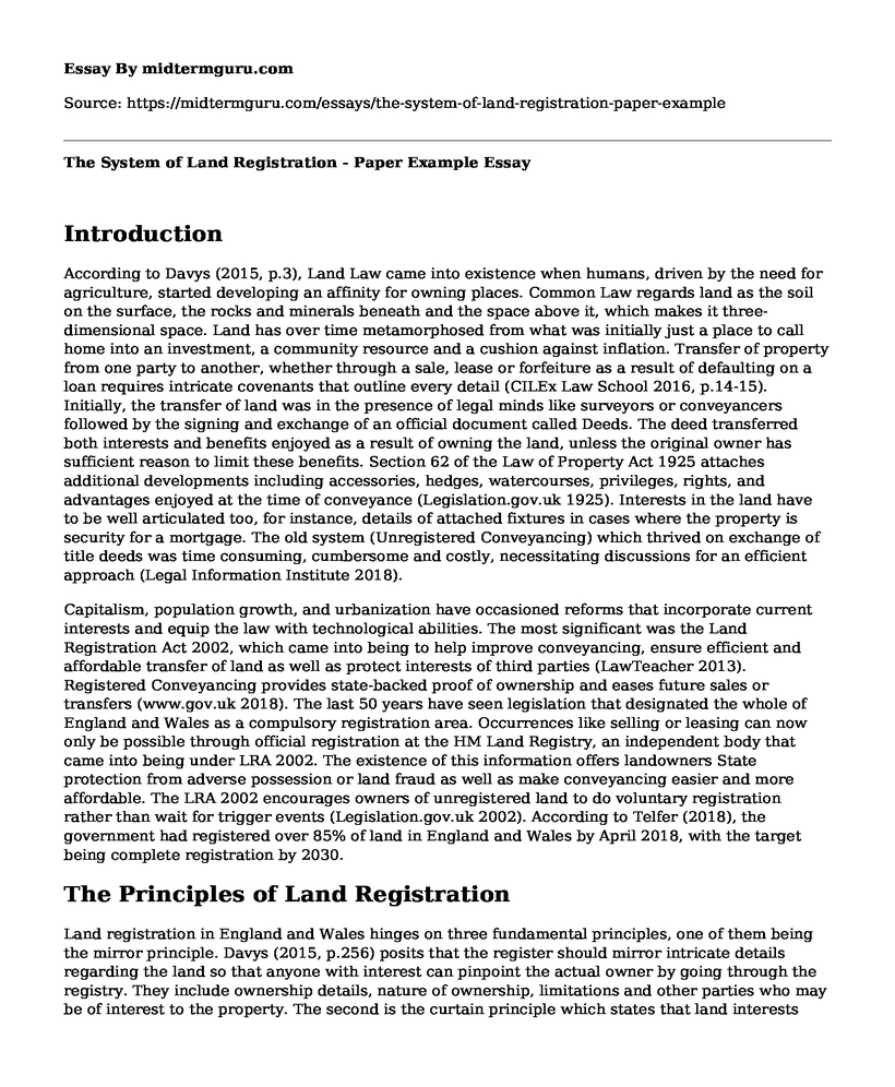 The System of Land Registration - Paper Example