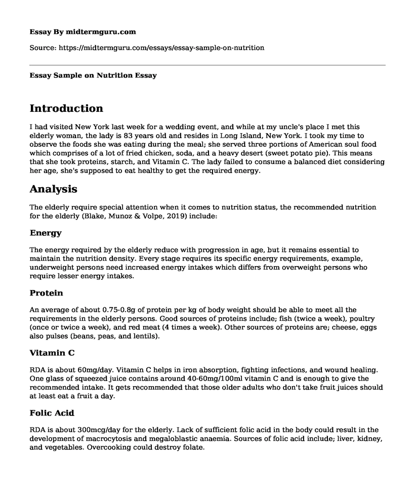 Essay Sample on Nutrition