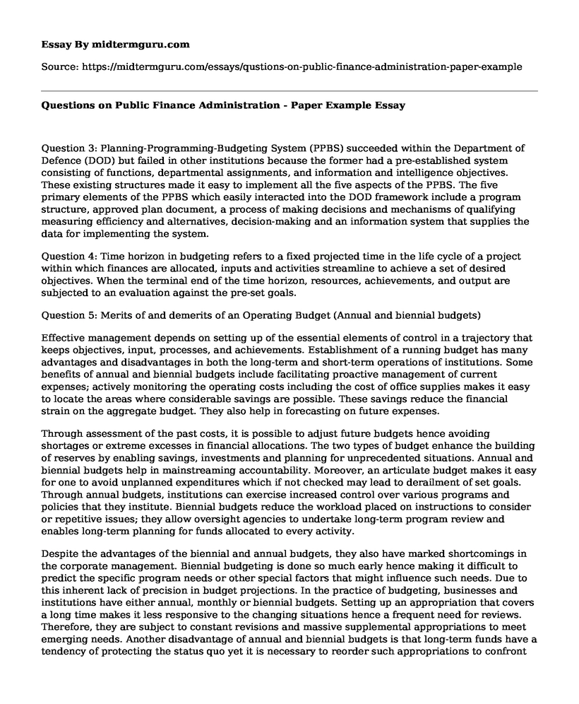 Questions on Public Finance Administration - Paper Example