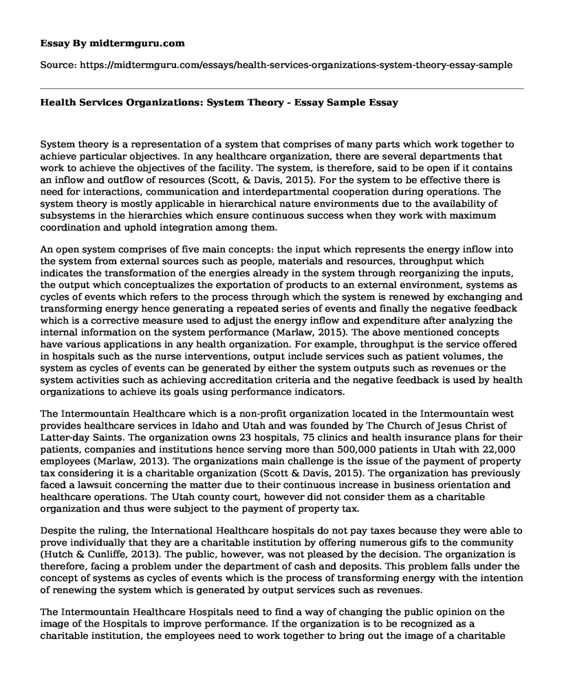 Health Services Organizations: System Theory - Essay Sample