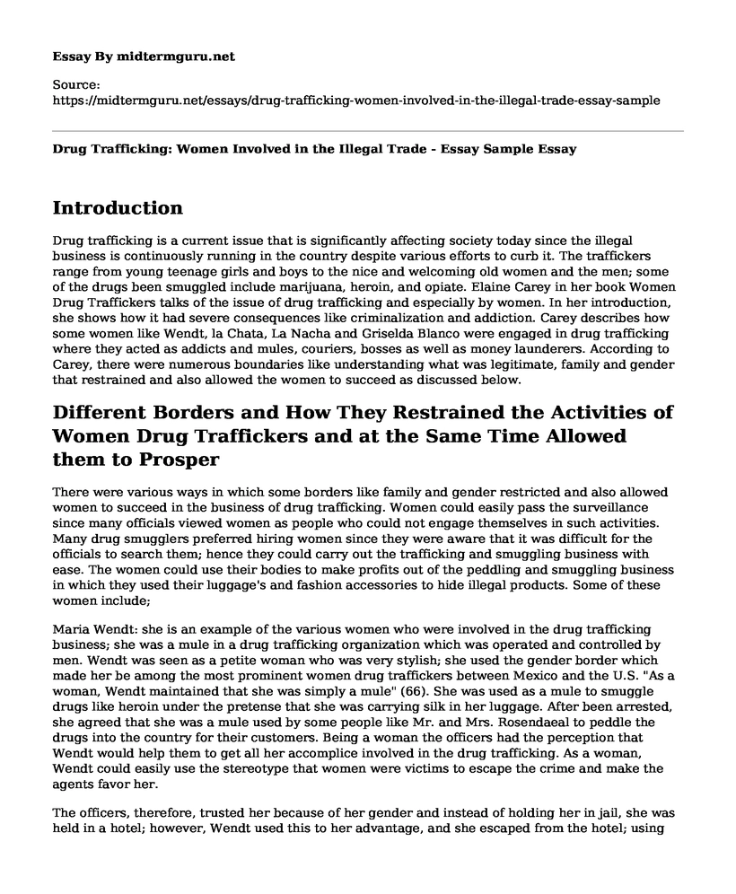 Drug Trafficking: Women Involved in the Illegal Trade - Essay Sample
