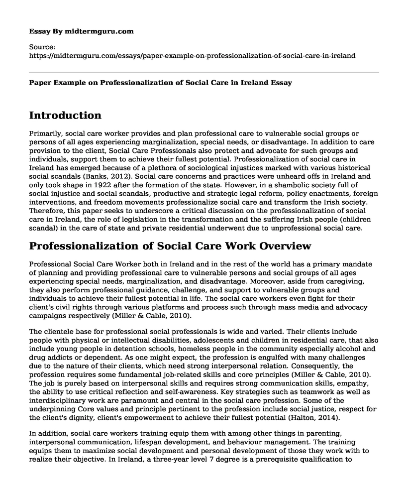 Paper Example on Professionalization of Social Care in Ireland