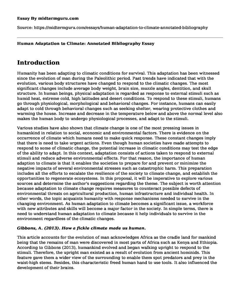 Human Adaptation to Climate: Annotated Bibliography