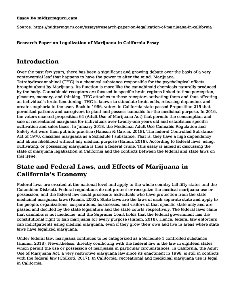 Research Paper on Legalization of Marijuana in California