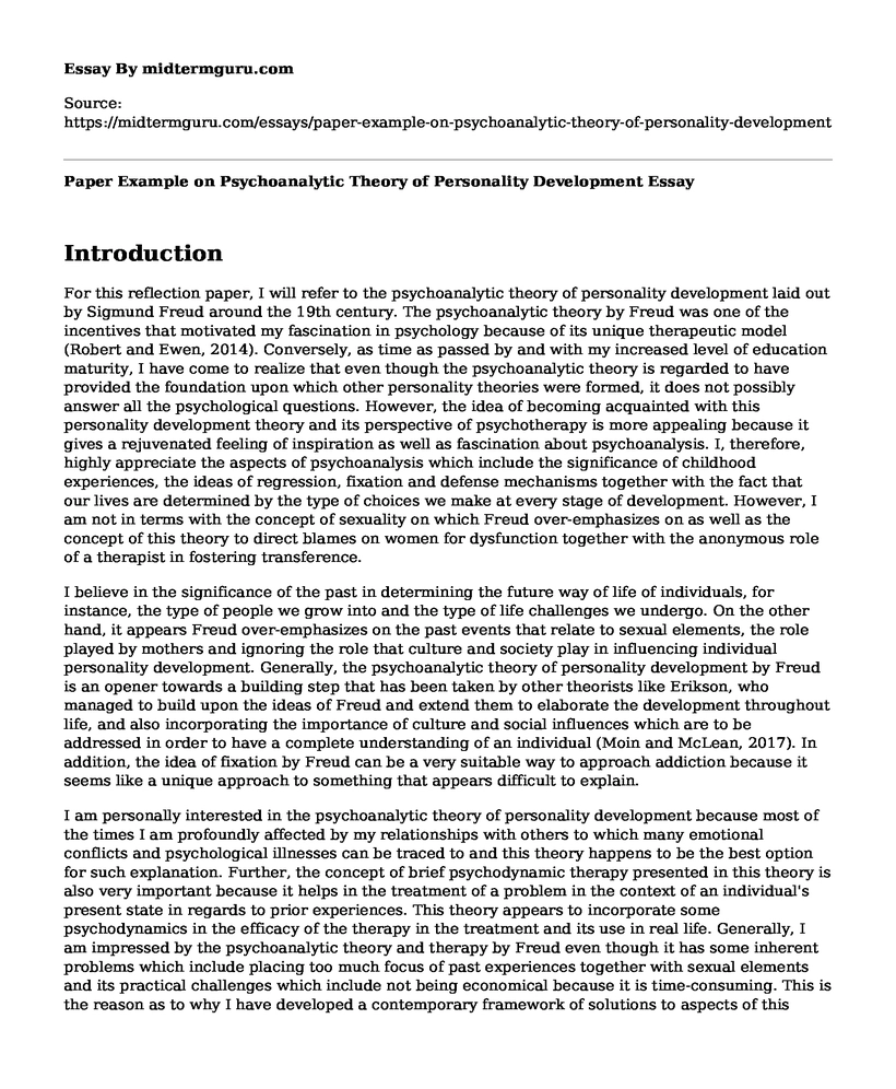 Paper Example on Psychoanalytic Theory of Personality Development