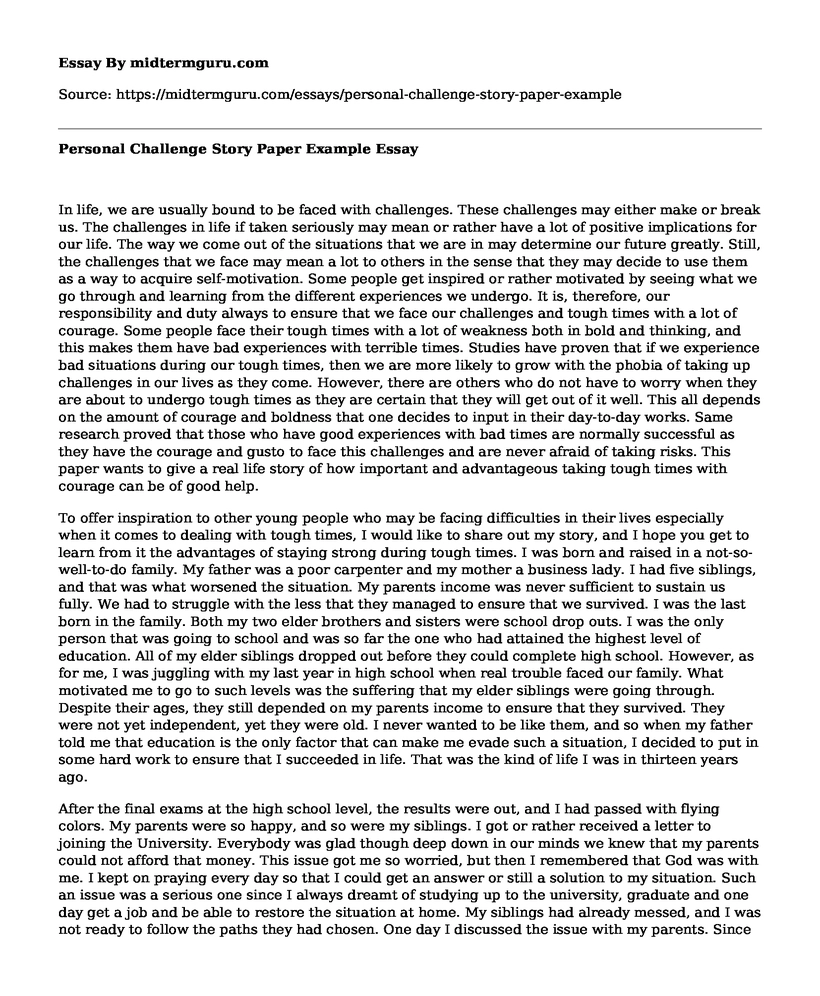 Personal Challenge Story Paper Example
