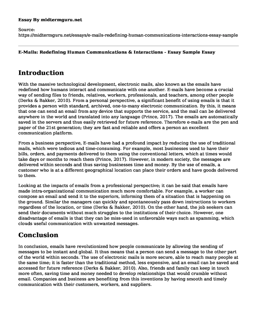 E-Mails: Redefining Human Communications & Interactions - Essay Sample