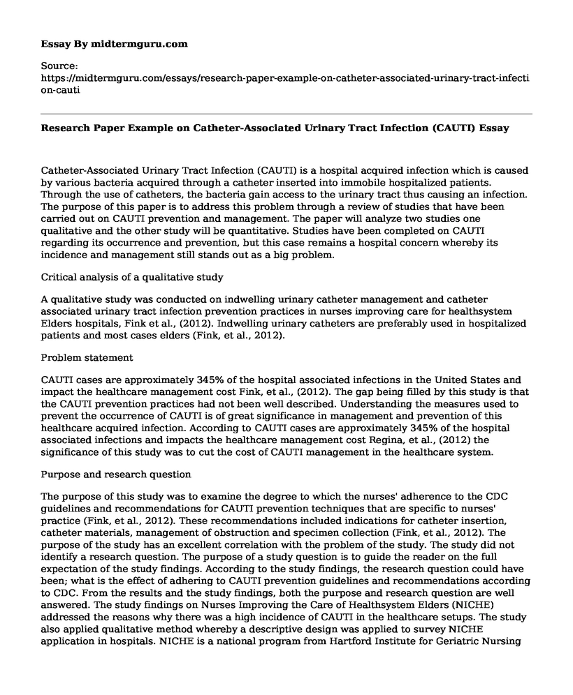 Research Paper Example on Catheter-Associated Urinary Tract Infection (CAUTI)