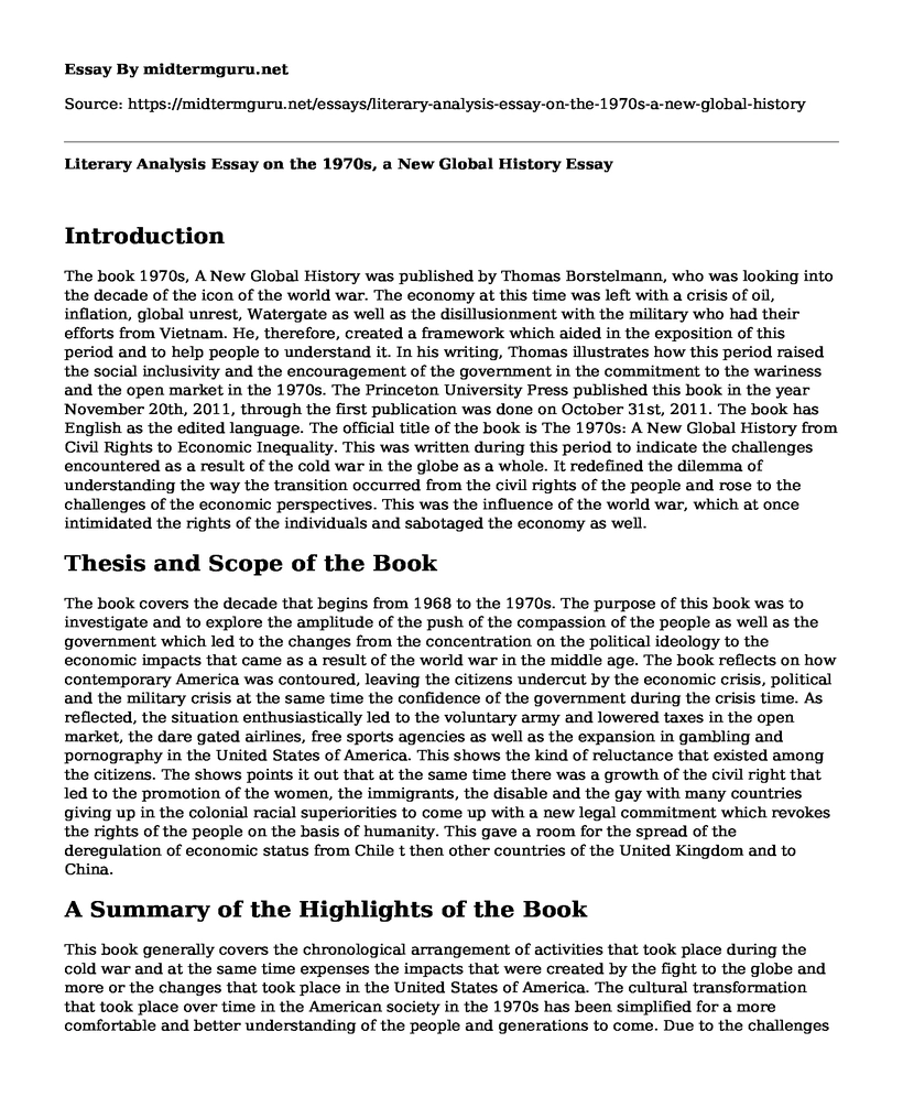 Literary Analysis Essay on the 1970s, a New Global History