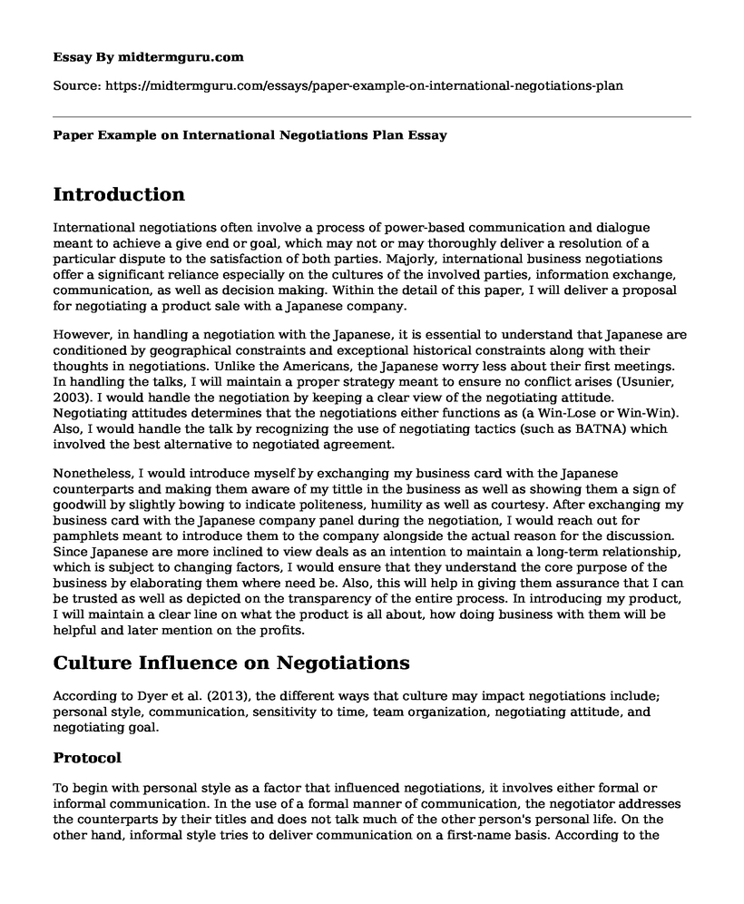 Paper Example on International Negotiations Plan