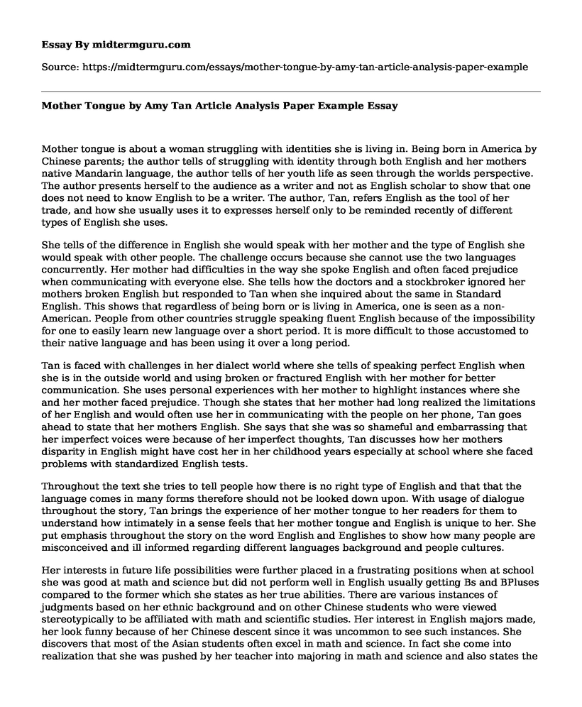 Mother Tongue by Amy Tan Article Analysis Paper Example