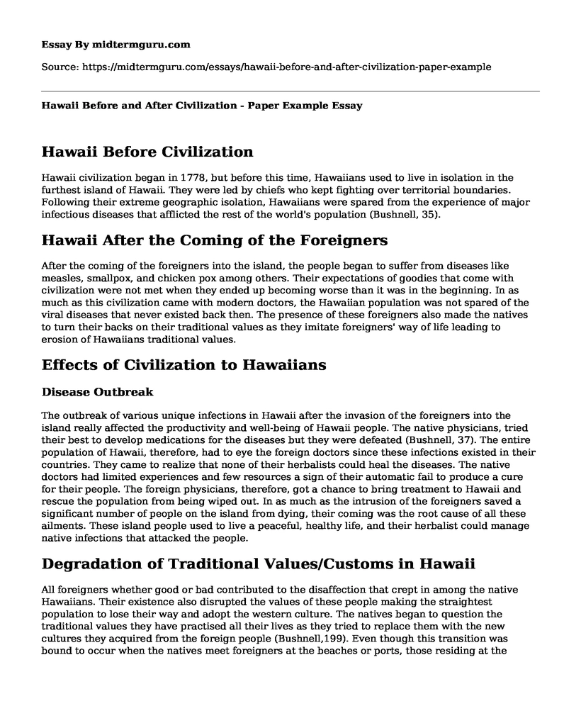 Hawaii Before and After Civilization - Paper Example