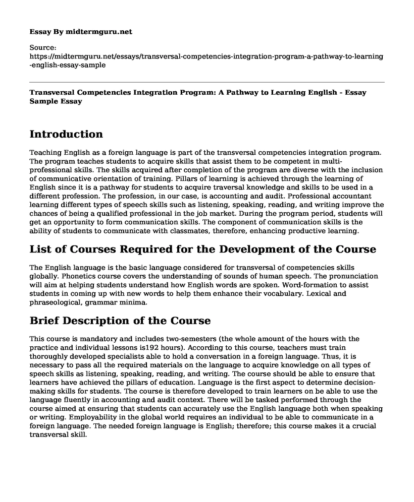 Transversal Competencies Integration Program: A Pathway to Learning English - Essay Sample