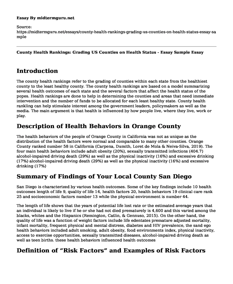 County Health Rankings: Grading US Counties on Health Status - Essay Sample