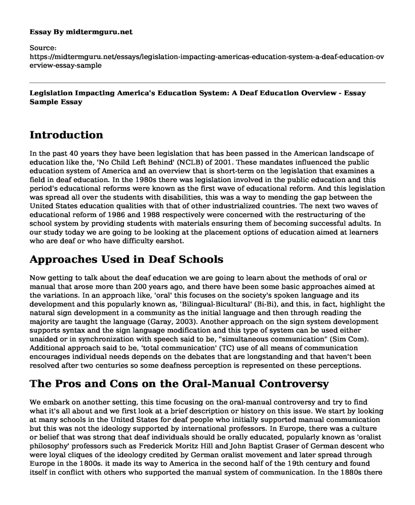 Legislation Impacting America's Education System: A Deaf Education Overview - Essay Sample