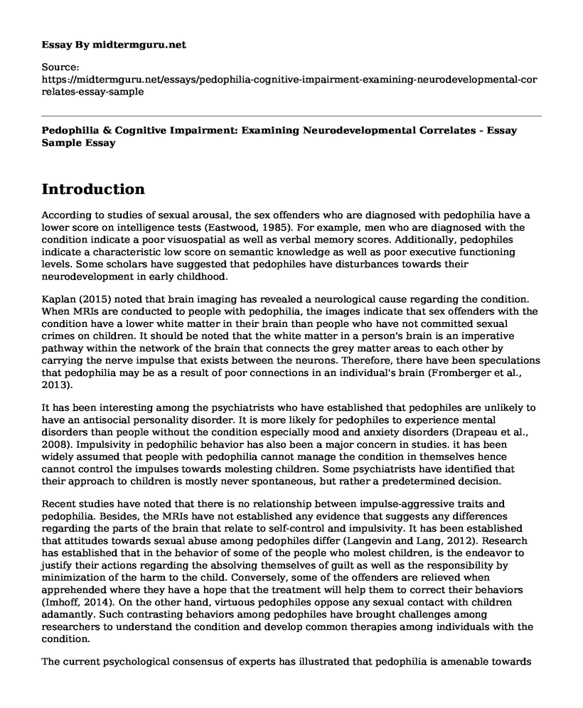 Pedophilia & Cognitive Impairment: Examining Neurodevelopmental Correlates - Essay Sample