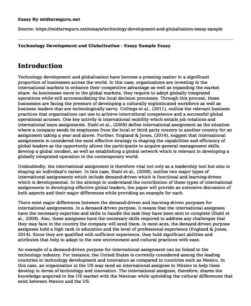 Technology Development and Globalization - Essay Sample