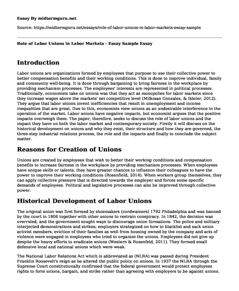 Role of Labor Unions in Labor Markets - Essay Sample