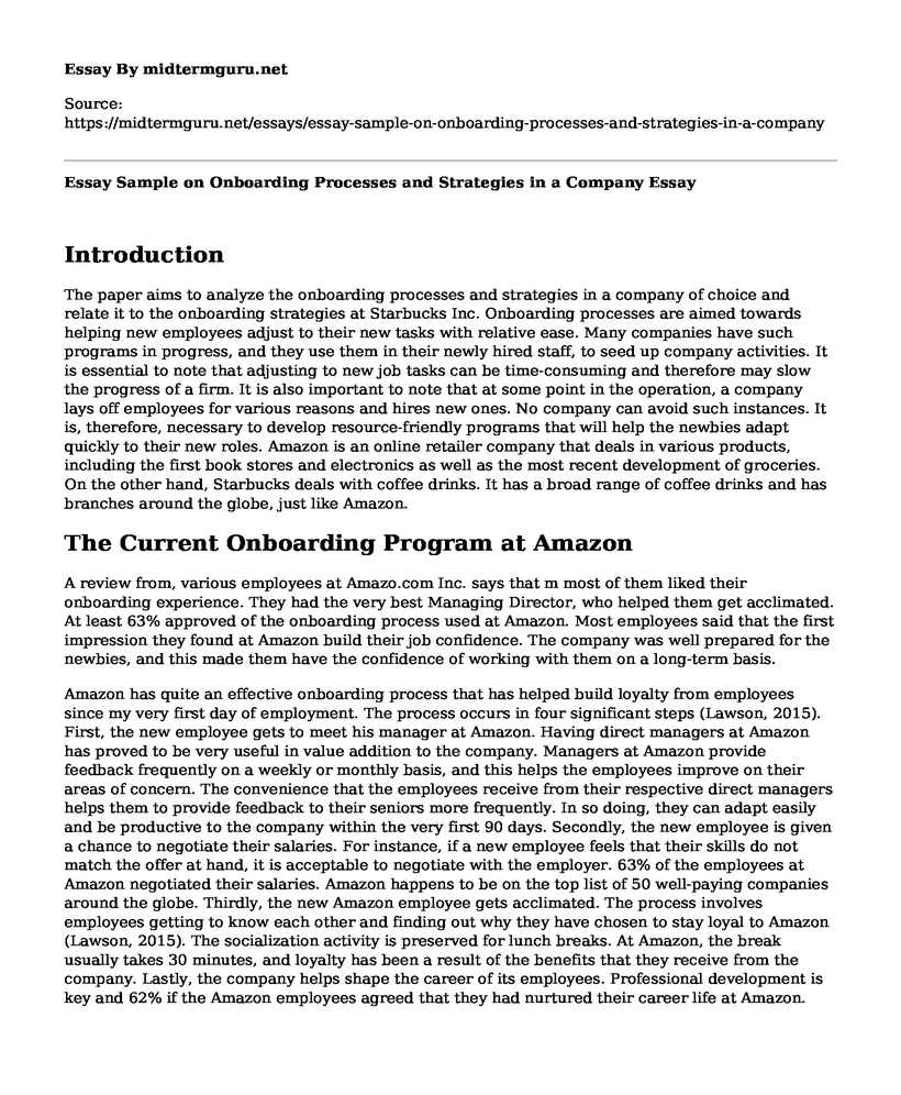 Essay Sample on Onboarding Processes and Strategies in a Company