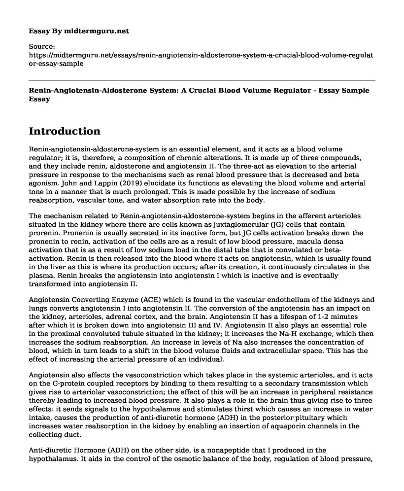 Renin-Angiotensin-Aldosterone System: A Crucial Blood Volume Regulator - Essay Sample