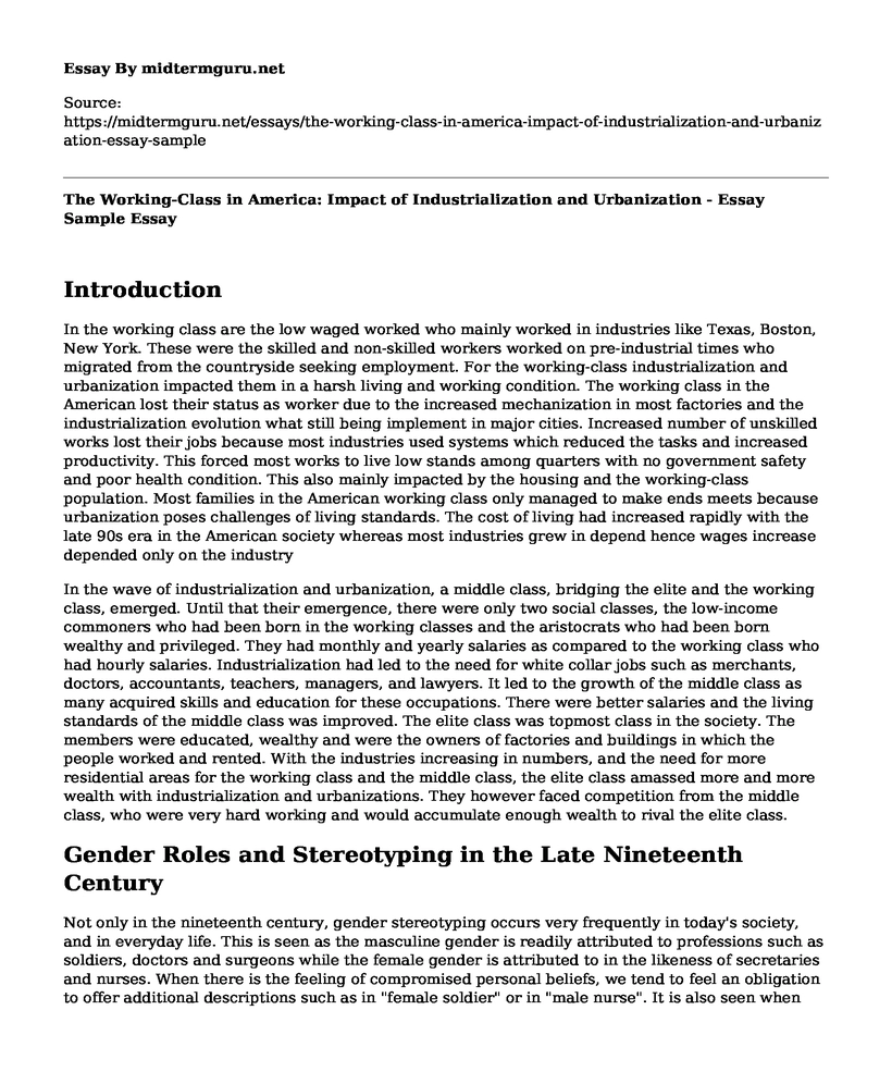 The Working-Class in America: Impact of Industrialization and Urbanization - Essay Sample