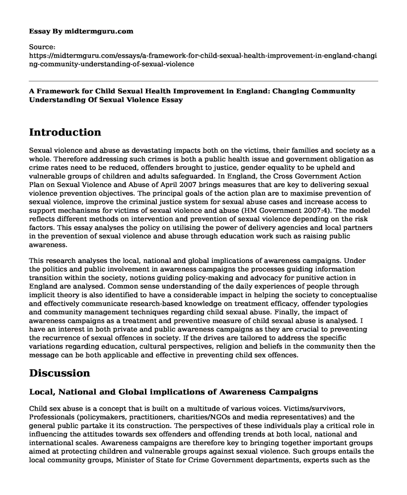 A Framework for Child Sexual Health Improvement in England: Changing Community Understanding Of Sexual Violence