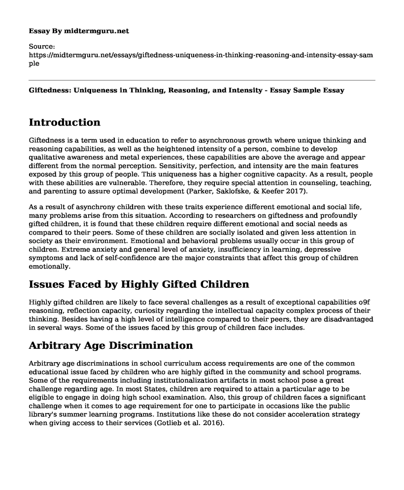 Giftedness: Uniqueness in Thinking, Reasoning, and Intensity - Essay Sample