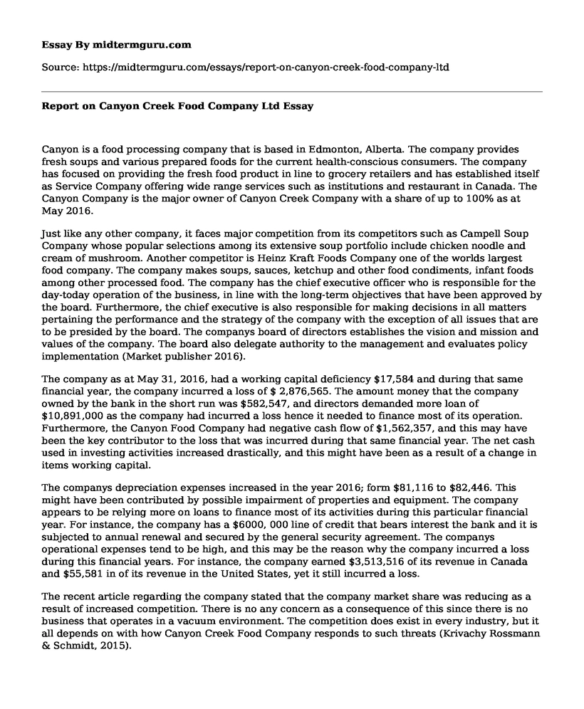 Report on Canyon Creek Food Company Ltd 