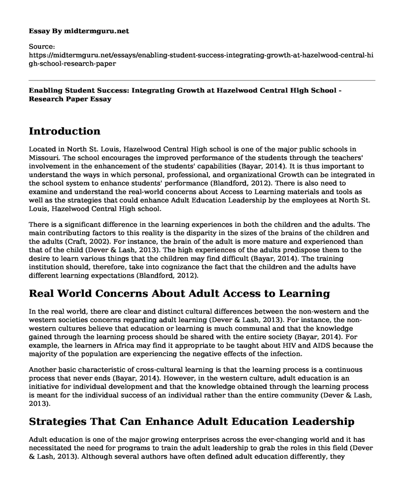 Enabling Student Success: Integrating Growth at Hazelwood Central High School - Research Paper
