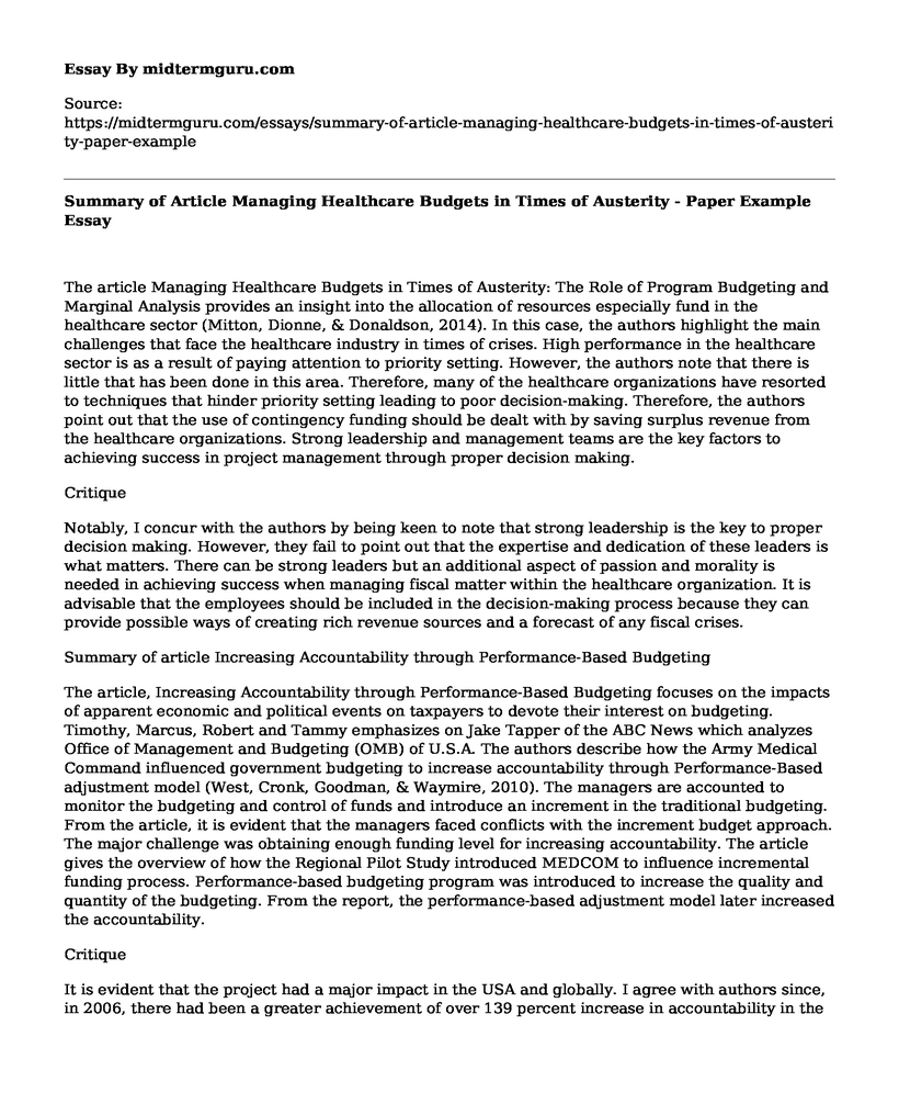 Summary of Article Managing Healthcare Budgets in Times of Austerity - Paper Example