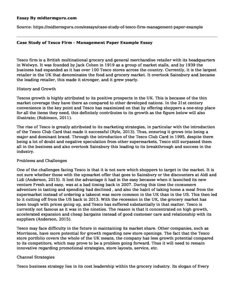 Case Study of Tesco Firm - Management Paper Example