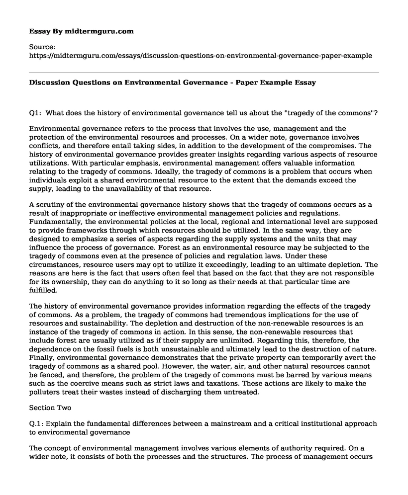 Discussion Questions on Environmental Governance - Paper Example