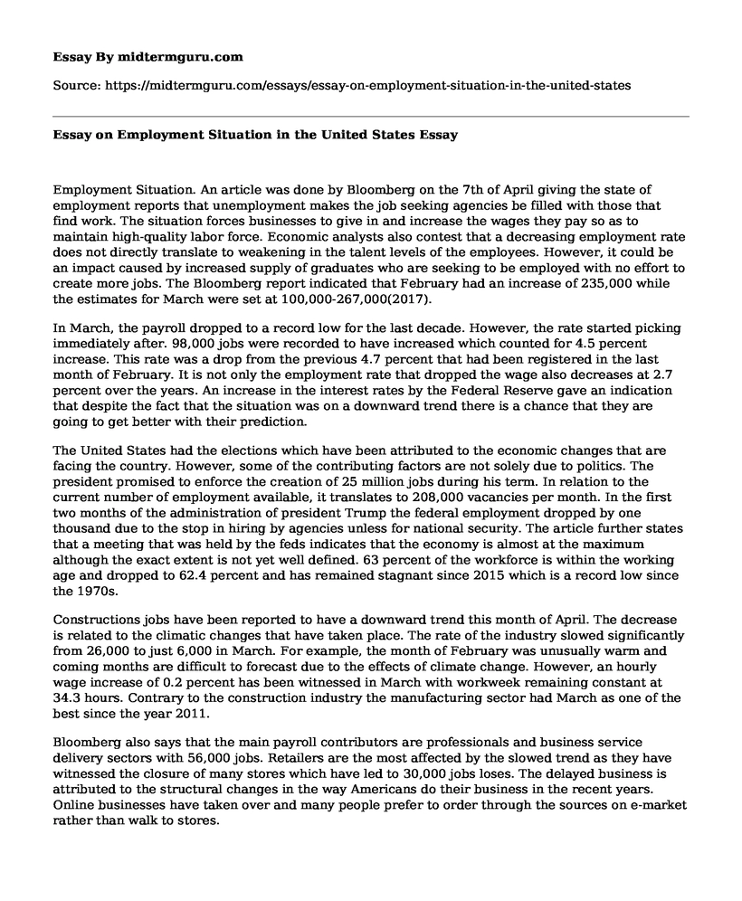 Essay on Employment Situation in the United States