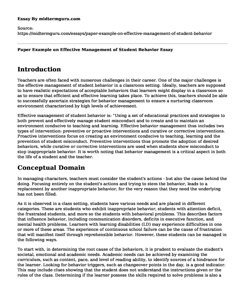 Paper Example on Effective Management of Student Behavior