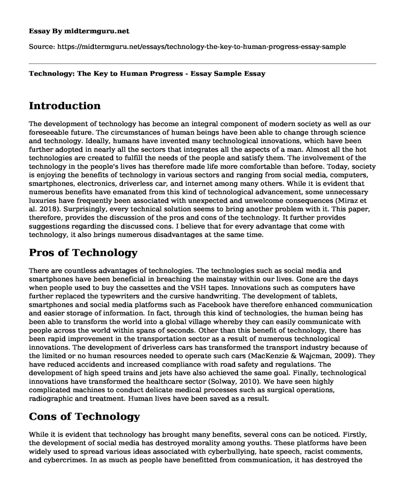 Technology: The Key to Human Progress - Essay Sample
