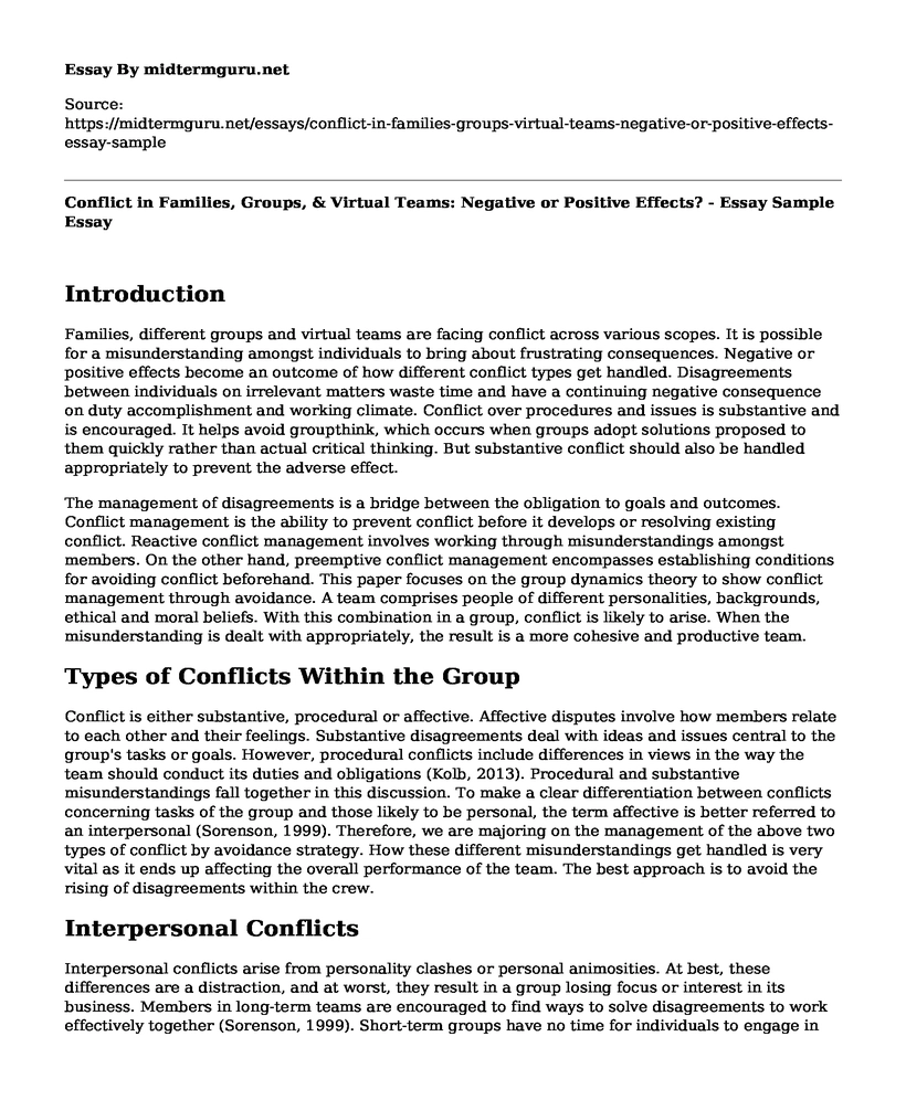Conflict in Families, Groups, & Virtual Teams: Negative or Positive Effects? - Essay Sample