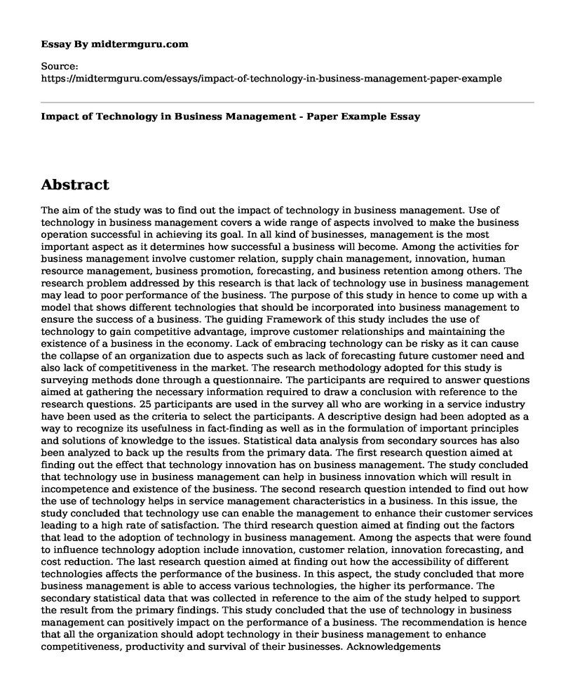 Impact of Technology in Business Management - Paper Example